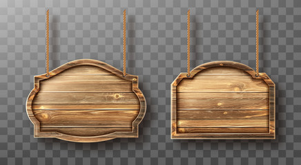 Wooden boards hang on ropes set. Realistic signboards with wood texture, banners or labels for bar or saloon in rustic style. Blank vintage plank panels for menu or pub entrance 3d vector illustration