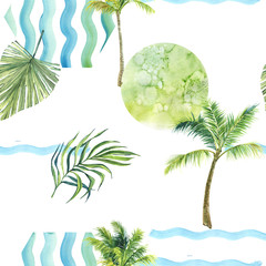 Fototapeta na wymiar finished image of a seamless pattern, palm trees, green circle, palm branch, blue waves on a white background, watercolor.