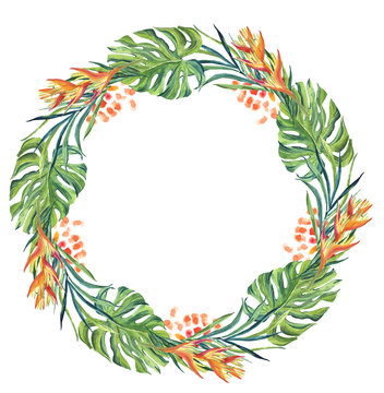 Finished Image Of A Wreath Of Green Leaves Of Monstera Palms And Orange Flowers On A White Background, Watercolor