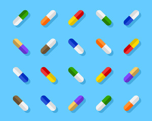Varied and colorful pills, capsules. Aesthetic assortment and playful arrangement of medicine in different colors. Vector illustration in flat design.