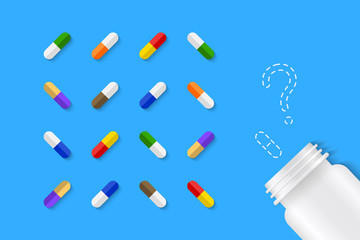 Wide variety of pills and capsules next to a white pill bottle. Question mark and dotted line as consultation, needed medicine and medication or cure concept.
