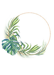 finished image of a Golden circle framed by green leaves of a palm tree, on a white background, watercolor