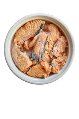 canned salmon, fish preserves (seafood in a tin can) menu concept background. top view. copy space for text