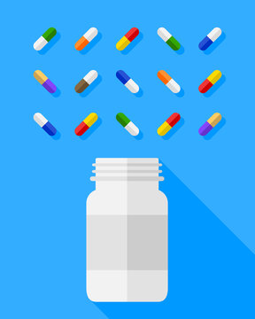 White and blank pill bottle and a variety of colorful pills, capsules aesthetically arranged on blue background. Pharmaceutical medicine and medical treatment concept in flat design with long shadow.