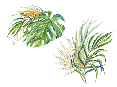 finished image of green leaves of palm trees, monstera, Golden twigs and Golden palms on a white background, watercolor