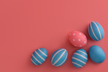 Easter striped eggs in the corner of the frame on pink. Pink and blue decorated eggs isolated on pink background. White stripes. Happy Easter card with place of text. Copy space, top view, flat lay.