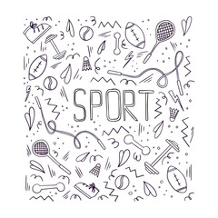 Sports illustration with different sport symbols. Vector active lifestyle illustration in doodle style with typography.