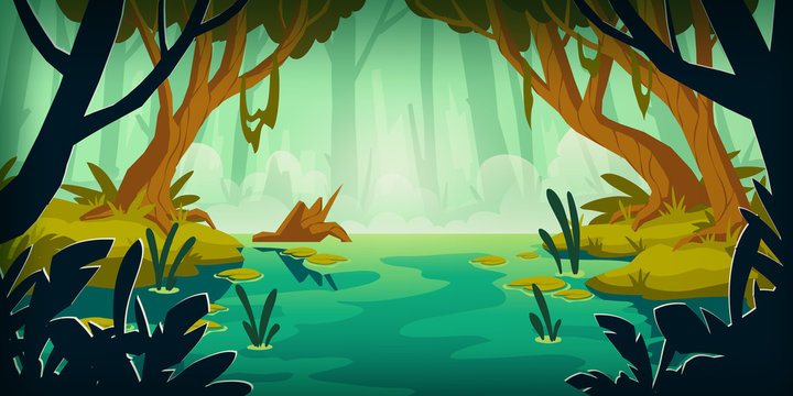 Swamp in tropical forest. Landscape with marsh, water lilies, trees trunks and bog grass. Vector cartoon illustration of wild jungle, rain forest with river, lake or swamp