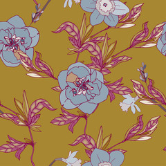 Seamless pattern with flowers and leaves of roses, peonies and daffodils. Tropical flowers vector illustration.