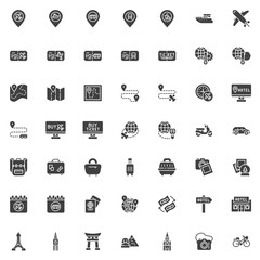 Travel planning vector icons set, modern solid symbol collection, filled style pictogram pack. Signs, logo illustration. Set includes icons as location pin, trip route, airline ticket, train station