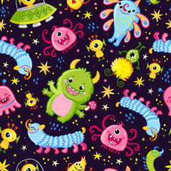 Funny pattern with aliens on a dark background. Vector seamless illustration with cute monsters.