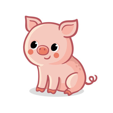 Cute pig sitting on a white background. Vector illustration with farm animal.