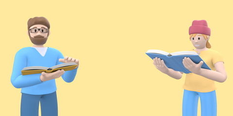 Group portrait of hipster guy and girl, characters with books. Funny, abstract cartoon concept fan of literature. 3D rendering.