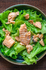 fish salad canned salmon or tuna (lettuce and other ingredients) menu concept background. top view. copy space for text