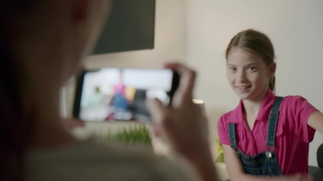 Girl Filming With Smartphone Camera Little Sister Dancing
