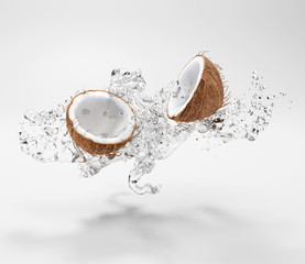 3d rendering image with broken coconut and liquid splashes against white background