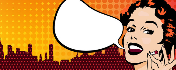 Smiling woman with open mouth. Okey fingers sign Speech bubble. Dots on the background. Vector image comics styled.