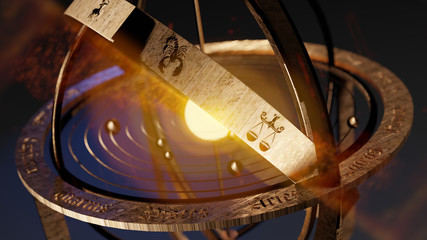3d rendering scene with zodiacs simbols on the astronomy object from metall