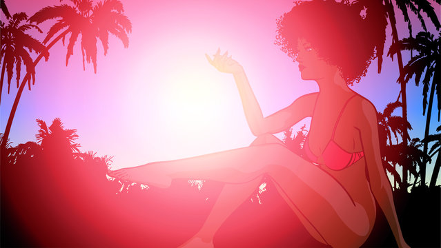 Summer vacations. Beautiful woman afro hair style dressed swimsuit. Vector image. Palms on the background