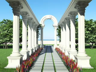 Landscaping. Corridor of classic columns and paving slabs.