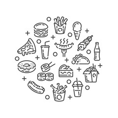 Line design with fast food and drink elements isolated on white background. Vector illustration.