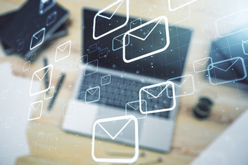 Creative concept of postal envelopes illustration on modern laptop background. Email and communications concept. Multiexposure