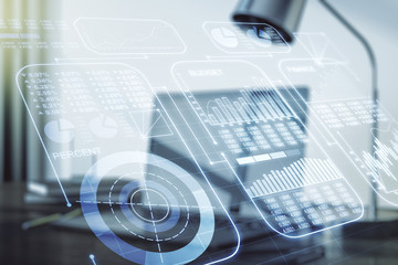 Double exposure of abstract creative statistics data hologram on laptop background, statistics and analytics concept