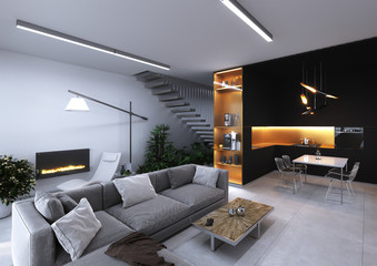 3D rendering. Visualization of the interior of the apartment in a modern style with the possibility of transforming housing into an office.