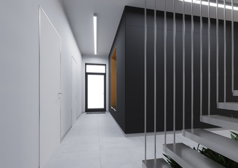 3D rendering. Visualization of the interior of the apartment in a modern style with the possibility of transforming housing into an office.