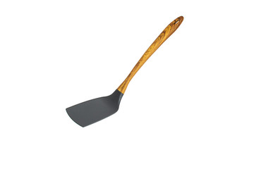 Kitchen spatula made of heat-resistant plastic with a wooden handle. Isolated on a white background.