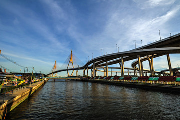 Fototapeta na wymiar Bhumibol Bridge cross overpass Chao Phraya River in Bangkok ,Thailand