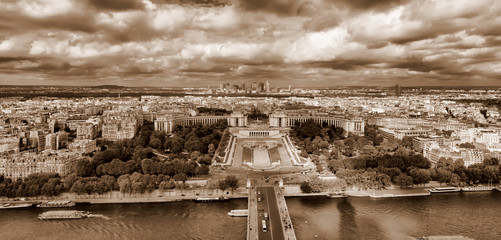 Wide panoramic cityscape of Paris. HDR photo that shows the whole city. Some clouds are present during the day. - Image.Sepia tone.