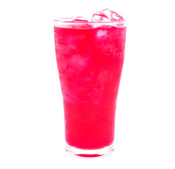 Strawberry juice with ice isolated on white background.