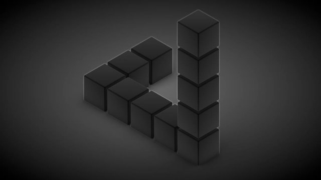3D animation of an impossible black triangle appearing on a monochrome surface. The figure is formed from flying cubes. Abstract 4K animation.