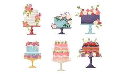 Fototapeta premium Cakes Decorated with Flowers Standing on Pedestal Cake Plate Vector Set