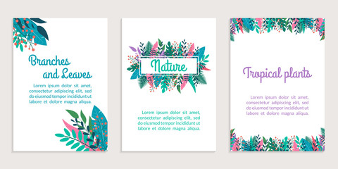 Fototapeta na wymiar Cover design set with leaves and green plants. Spring and summer banner or poster collection with space for text. Leaf and tree branches background. Template for nature magazine, spa flyer. Vector.