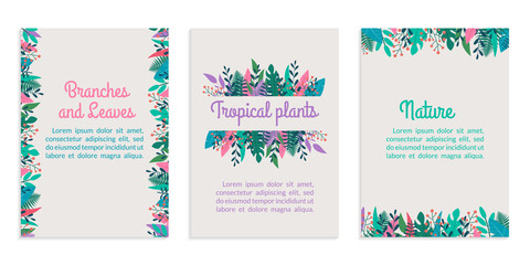 Cover design set with leaves and green plants. Spring and summer banner or poster collection with space for text. Leaf and tree branches background. Template for nature magazine, spa flyer. Vector.