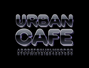 Vector glossy emblem Urban Cafe with 3D Black and Metal Font. Reflective modern Alphabet Letters and Numbers