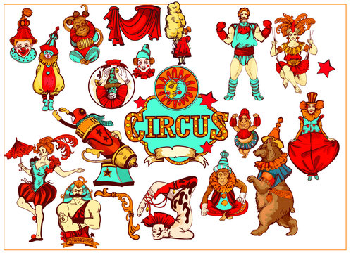 Vintage circus set. Vector retro circus colored hand-drawn icon set. Acrobat, clown, carnival show actors, monkeys, strong man. Retro circus collection of decorative figures. Cartoon style.
