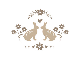 Silhouette ofpair of easter bunnies on white background. Chocolate rabbits with an egg in vintage floral frame. Flat, cartoon, scandinavian, retro style, stock vector illustration 
