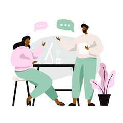 Man and woman sitting at table and discussing ideas, exchanging information, solving problems. Brainstorm or discussion. Teamwork. Vector illustration in flat style.