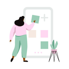 Concept illustration of mobile application constructor. Woman using big screen with site building tools. Online news, social network, virtual communication, business project.