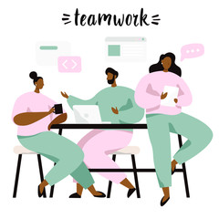 Group of people sitting at table and discussing ideas, exchanging information, solving problems. Brainstorm or teamwork. Vector illustration in flat style.