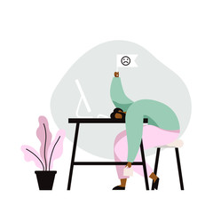 Professional burnout. Tired male worker sitting at the table. Long working day in office. Mental health problems. Flat vector illustration.