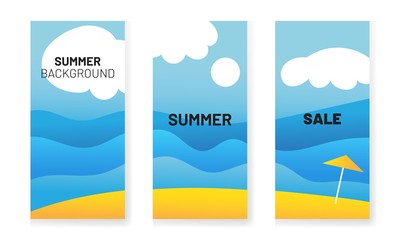 Summer cute landscape background set. Social media stories design templates. Sea and clouds and beach