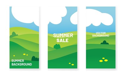 Summer cute landscape background set. Social media stories design templates. Green fields, meadows and clouds