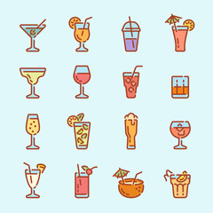 Set of alcoholic drinks and cocktails color outline icons. Vector illustration.