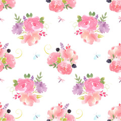 Beautiful floral summer seamless pattern with watercolor hand drawn field abstract flowers. Stock illustration.