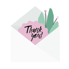 Thank you card. Beautiful greeting card with calligraphy black text and plant in the pot. Vector design.