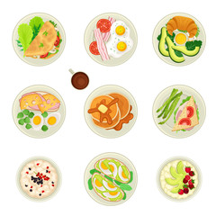 Food for Breakfast with Pancakes and Scrambled Eggs Served on Plate Top View Vector Set